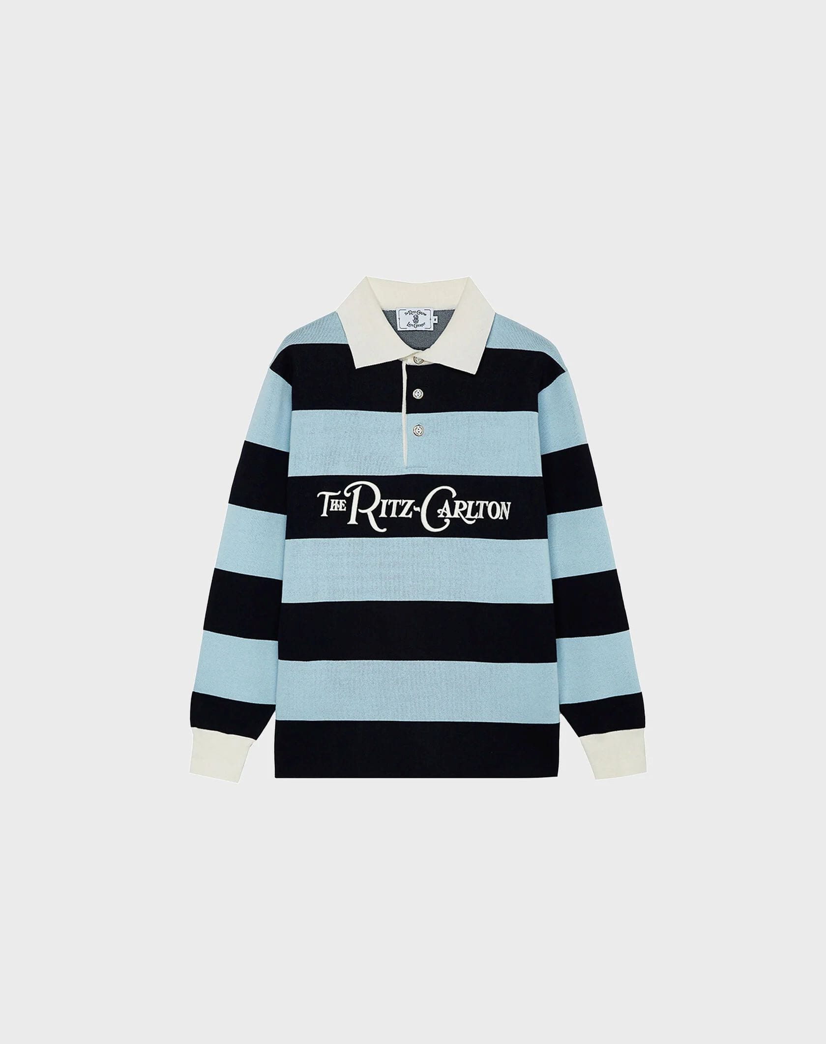 Late Checkout Light Blue Navy Rugby Polo, $390 (approx. P22,939.02), THE RITZ-CARLTON, shop.marriott.com